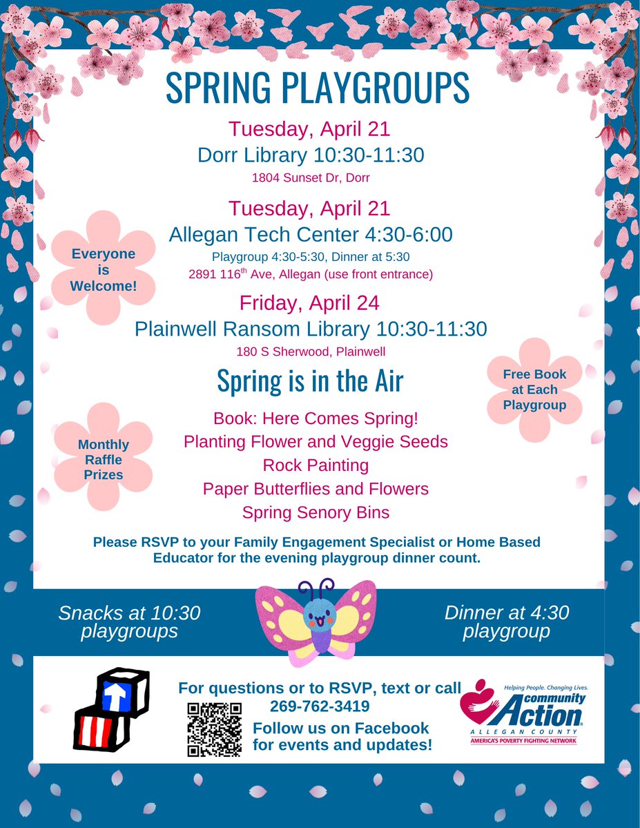 April Playgroups are coming up next week! Join us Tuesday April 21 at the Dorr Library at 10:30, the Allegan Tech Center at 4:30, and Friday, April 24 at Plainwell Ransom Library at 10:30. To RSVP for the 4:30 dinner count, text or call 269-762-3419.