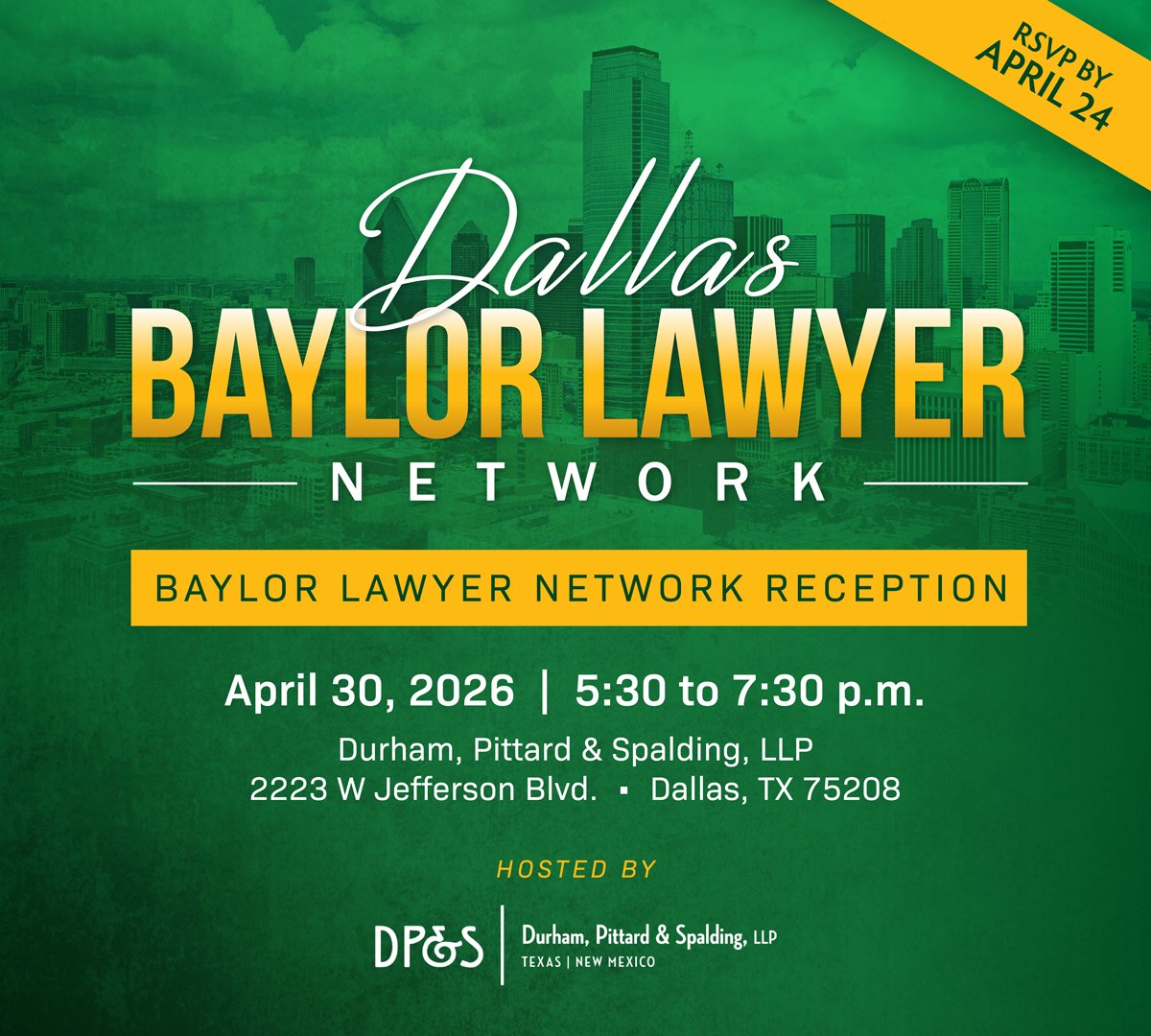 BaylorLawSchool's tweet photo. Dallas Baylor Lawyers – join us on April 30 for a Baylor Lawyer Network Reception. RSVP by April 24: https://t.co/fzgvt0EknE https://t.co/Do5YolW5EZ