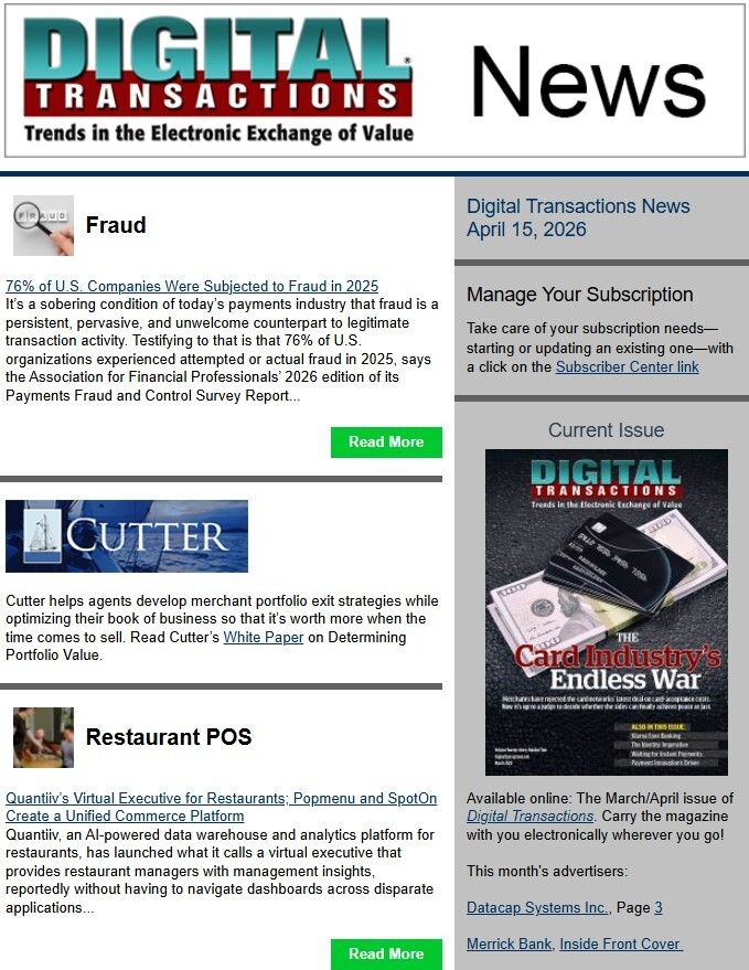 DTPaymentNews's tweet image. Today’s Digital Transactions News: 76% of Companies Report 2025 Fraud; Quantiiv’s AI Restaurant Exec; InvoiceCloud Taps AI for Billing
buff.ly/K5M0lWF 
#payments #restaurants #SpotOn #Quantiiv #AI #AFP #POSsystems #fraud #ACH #Popmenu #InvoiceCloud #billpayments #Zelle