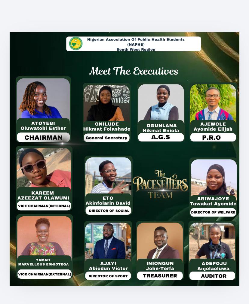 pappytara01's tweet image. 🌟 MEET THE PACESSETTERS 🌟

The Nigerian Association of Public Health Students (NAPHS), South West Region proudly presents the 2026/2027 Academic Session Executives. NAPHS #SouthWestRegion #Pacesetters #PublicHealthLeadership #Students