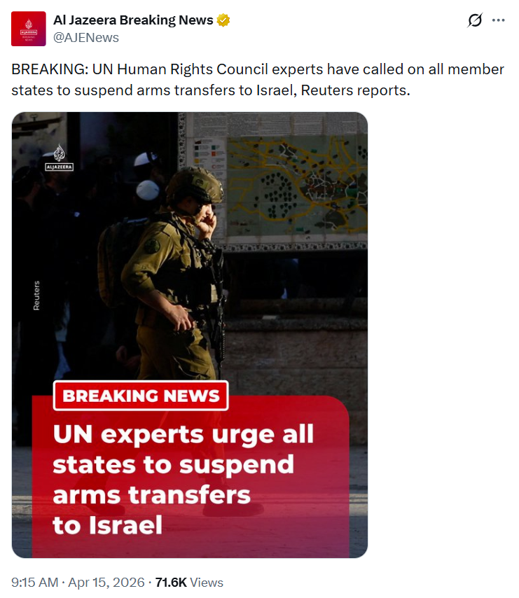 Holy shit! The world is turning against Trump and Israel in a major way. The UN is calling to suspend arm shipments to Israel and Italy PM Giorgia Meloni has already signed on: "In consideration of the current situation, the government has decided to suspend the automatic renewal