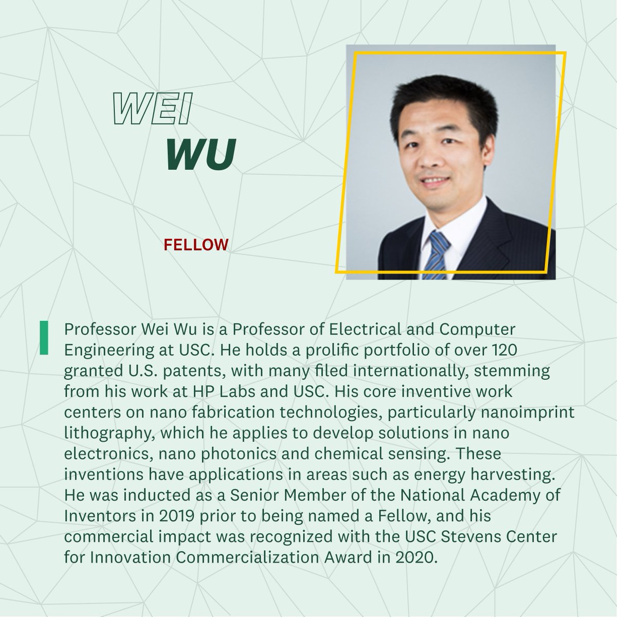 USCStevens's tweet photo. We're proud to work with #USCinventors and host #NAI2026!
Dr. Wei Wu's work centers on #nanofabrication technologies, #nanoimprint lithography, which he applies to develop solutions in #nanoelectronics, nanophotonics, and chemical sensing. You canโt spell reSearCh without SC!โ๏ธ https://t.co/668GlS8w7S