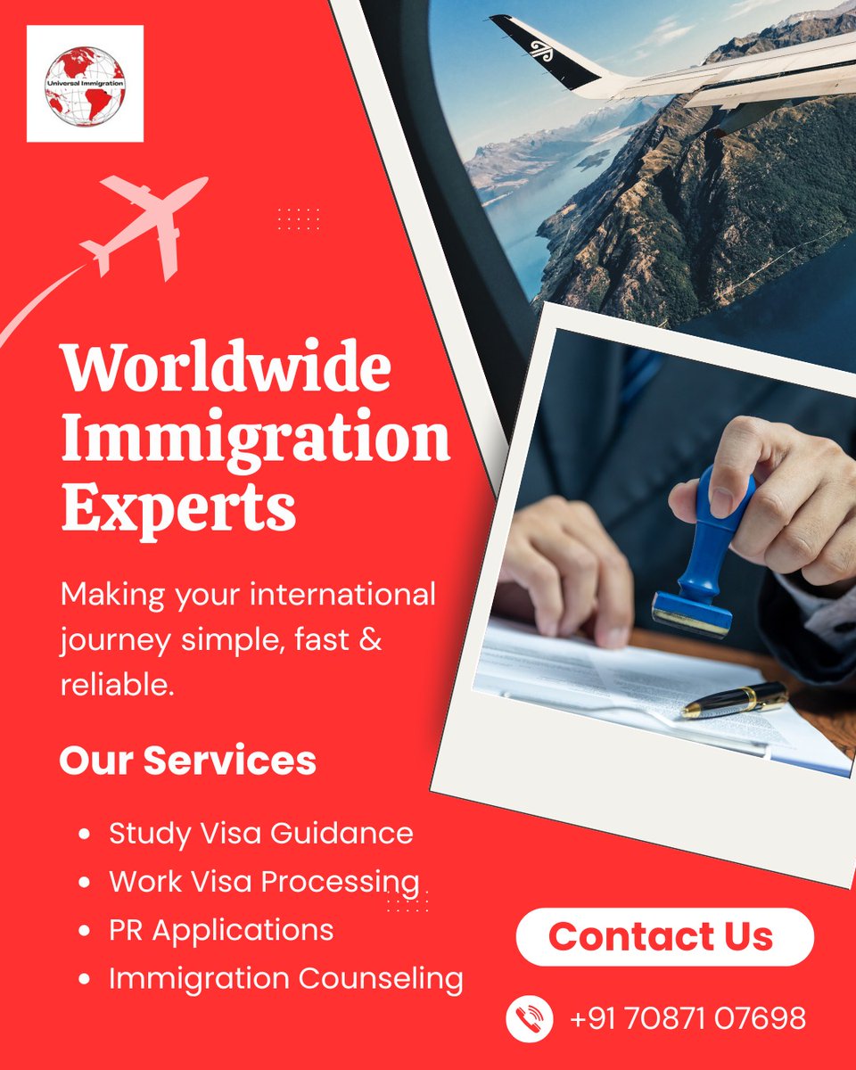 Uimmigration01's tweet image. Go global with confidence 🌍 Expert immigration consultancy for Study, Work &amp;amp; PR visas. Trusted support for your overseas journey 

📞 +91 70871 07698 

#Visa #Immigration #StudyAbroad #WorkVisa