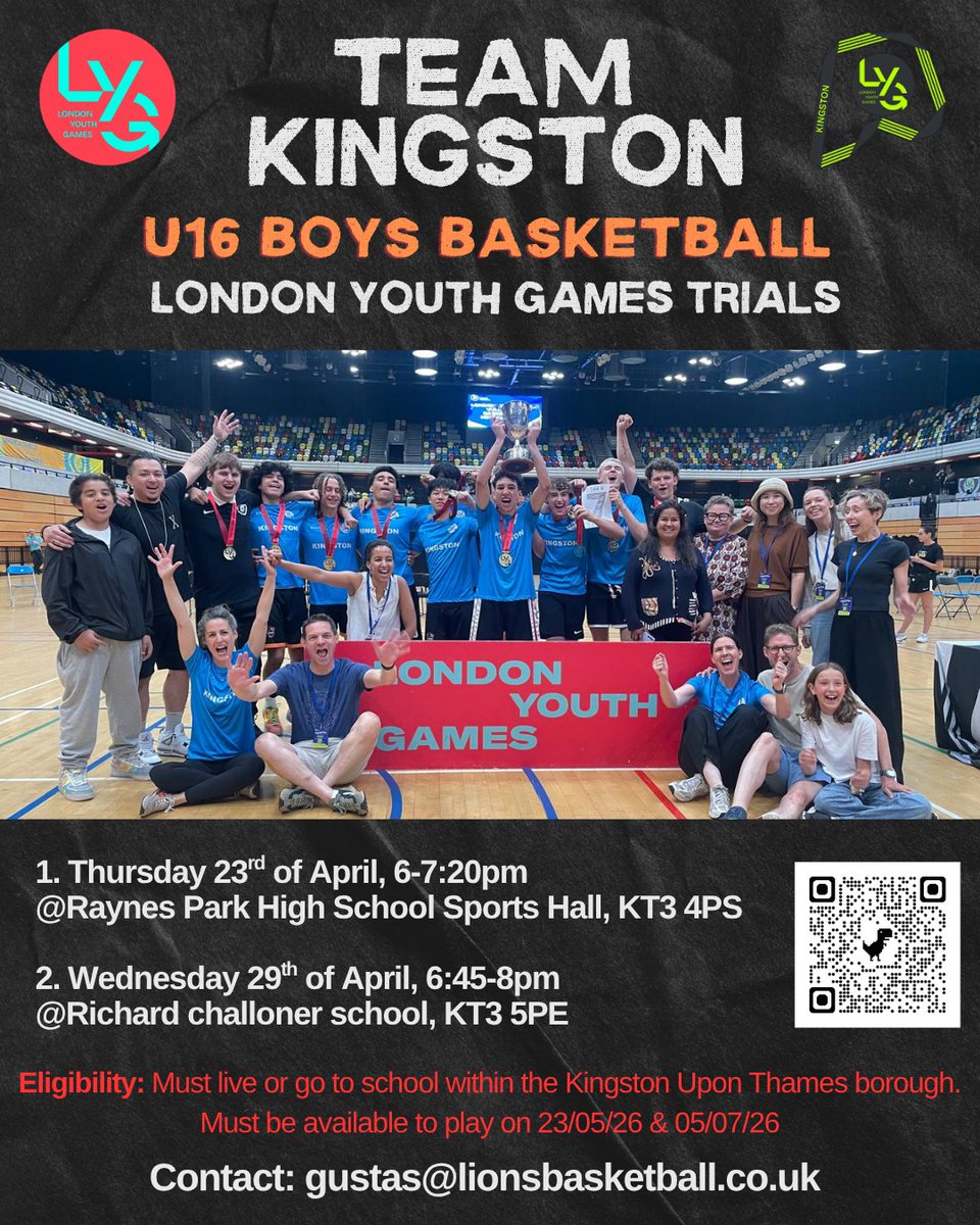 ActiveKingston's tweet photo. If you are U16 and love playing basketball why not sign up for our Team Kingston London Youth Games team trials run by @Kingstonlions19. Register your interest via the QR code. https://t.co/HHigzOYM2a