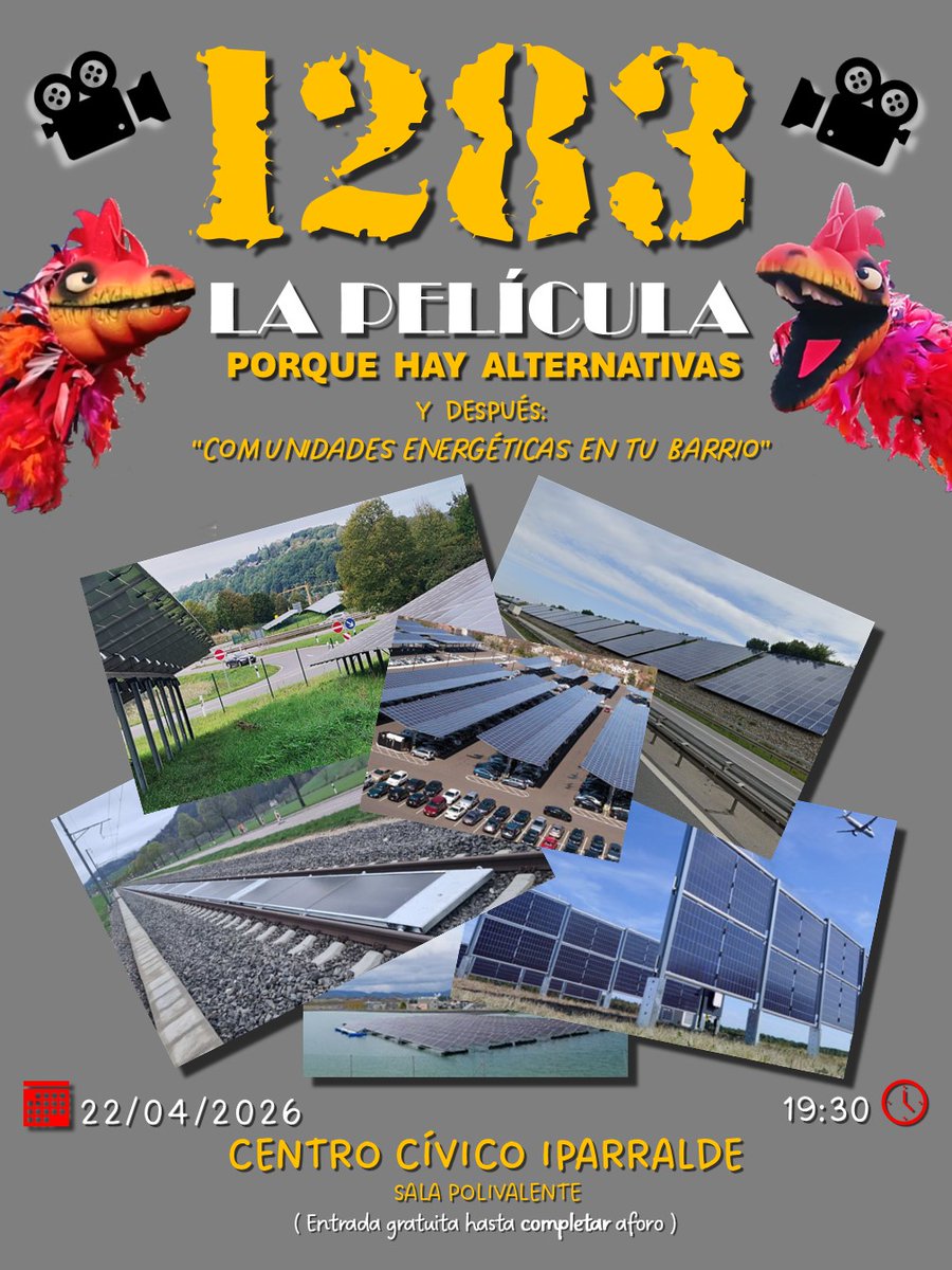 El miércoles 22 os animamos a acudir a Iparralde a la proyección de 1283 LA PELÍCULA de <a href="/horrelaez_bdtz/">Horrela Ez / BADAIOTZ</a> 

Para descubrir alternativas de generación de energía renovable en territorio alavés 🔌