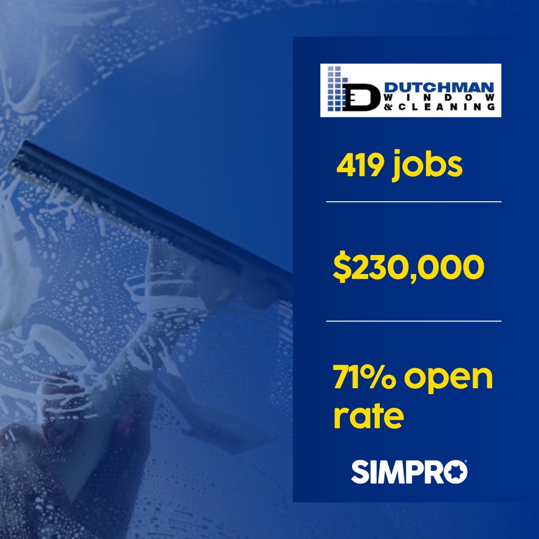 simprosoftware's tweet photo. Dutchman Window Cleaning re-engaged their base using Simpro + Delight to drive 419 jobs and $230K+ in revenue in just 8 months.

Scale your outreach without the manual work.

Read more:  https://t.co/dF2I3U9Ufk.

#Simpro #ROI #TradeBusiness https://t.co/DWtCSclo0w