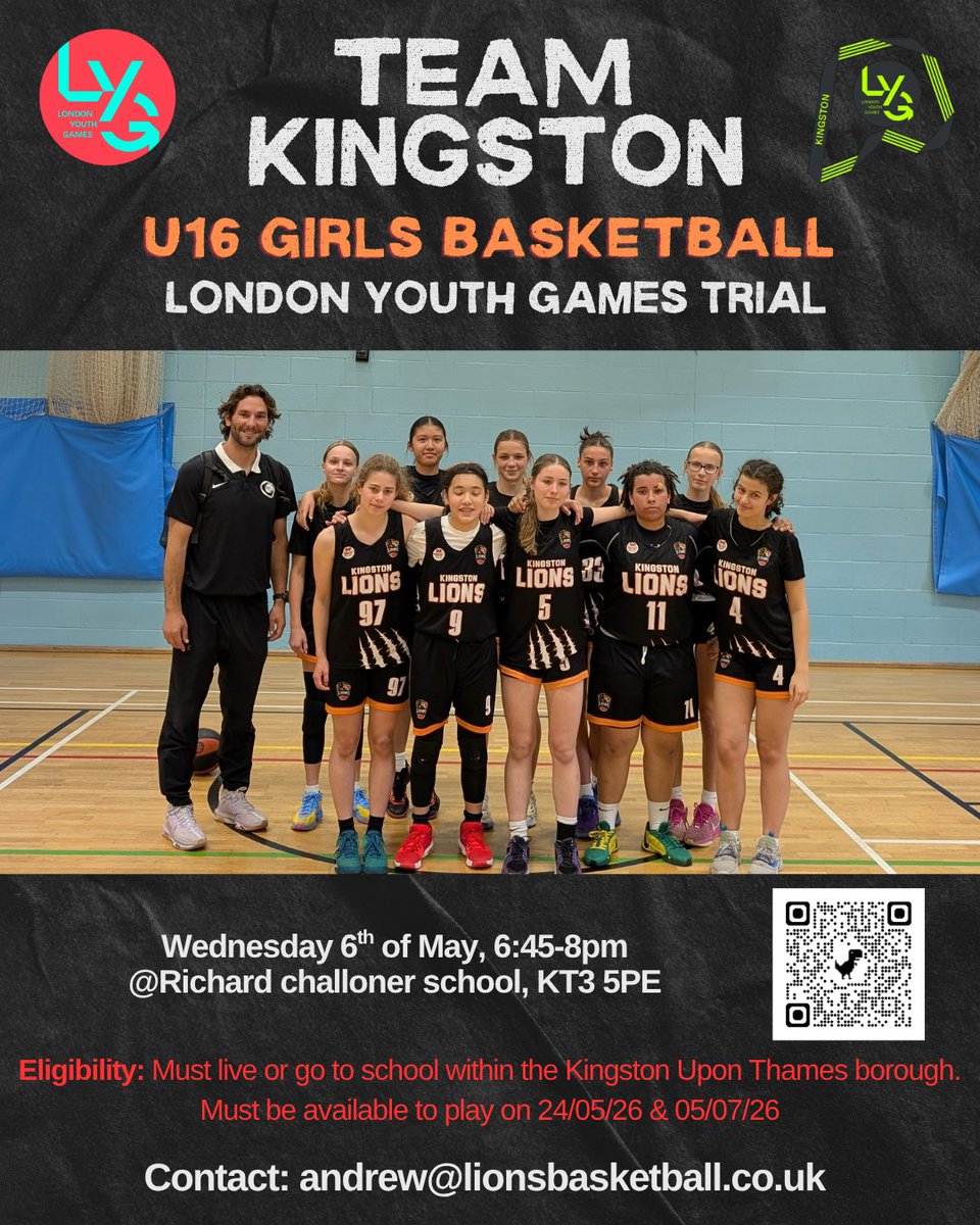 ActiveKingston's tweet photo. If you are U16 and love playing basketball why not sign up for our Team Kingston @ldnyouthgames team trials run by @Kingstonlions19 . Register your interest via the QR code. https://t.co/xmPiKDjxB7