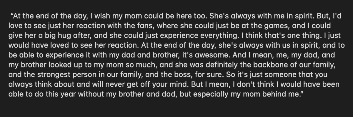 Asked #Isles Matthew Schaefer about how special it was to have his brother Johnny and his father Todd along for his rookie ride. 

He wanted to talk about his mom first.