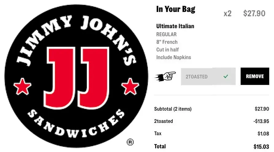 Pricerrors's tweet image. FREE SANDWICH AT JIMMY JOHNS (BOGO PROMO) 

Add any 2 regular-sized sandwiches to cart 

Must have a Jimmy John's rewards account 

Apply Code: 2TOASTED 

jimmyjohns.com #ad
