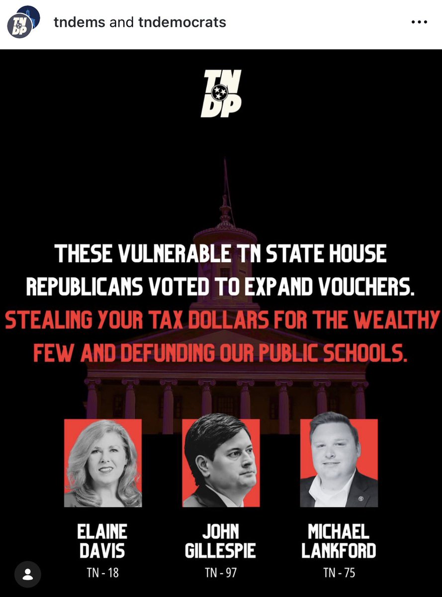 The <a href="/tndp/">Tennessee Democratic Party</a> highlights 3 vulnerable Republicans who just voted to steer $300,000,000 to private school vouchers for kids already in private schools while our public schools remain wildly underfunded: 

Gillespie (Memphis)
Lankford (Clarksville)
Davis (Knoxville)