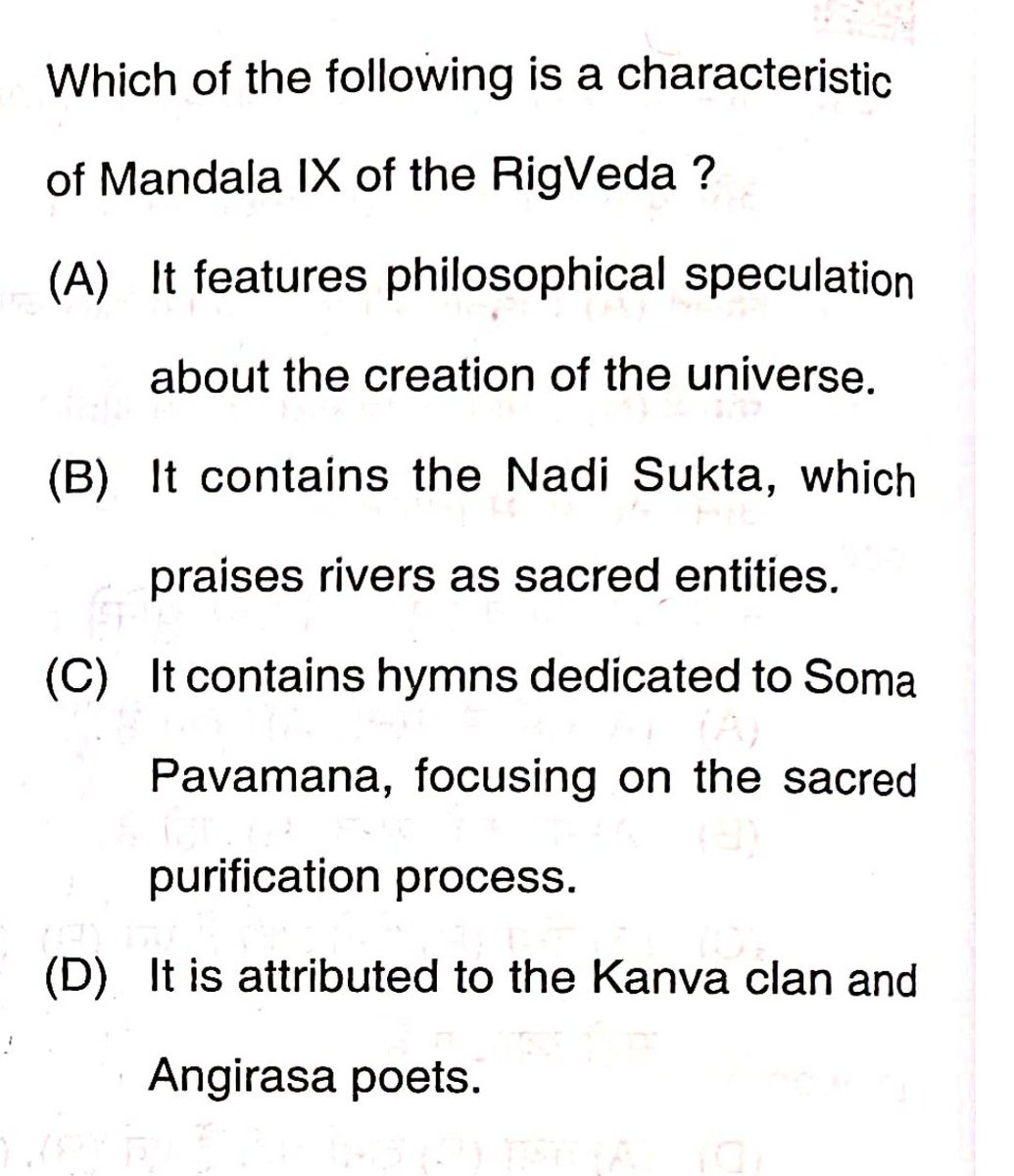 Biharology's tweet photo. 📝BPSC PYQ Decode📝

◾️Exam: BPSC AEDO Exam, 2026

◾️Exam Date: 14 April, 2026

◾️Subject: प्राचीन भारत (Ancient India) 

◾️Topic: ऋग्वैदिक काल (Rigvedic Period) 

◾️विस्तृत व्याख्या (Detailed Explanation:
🔹ऋग्वेद का नौवां मंडल पूरी तरह से 'सोम पवमान' (शुद्ध करने वाले सोम) को समर्पित है। 

🔹इसमें 114 सूक्त हैं, जिनमें वैदिक अनुष्ठानों के दौरान पवित्र 'सोम' पेय को तैयार करने, उसे छानने और उसका सेवन करने की प्रक्रिया का वर्णन किया गया है; इसमें अक्सर शुद्धिकरण की प्रक्रिया पर विशेष ज़ोर दिया गया है। इसे प्रायः 'सोम मंडल' के नाम से भी जाना जाता है। 

🔹'सोम' केवल एक अनुष्ठानिक पेय ही नहीं है, बल्कि यह एक दैवीय सत्ता और एक ब्रह्मांडीय सिद्धांत भी है, जिसका संबंध अमरता और प्रेरणा से है। 

🔹दसवें मंडल में 'नदी सूक्त' शामिल है, जिसमें नदियों की पवित्र संस्थाओं के रूप में स्तुति की गई है।

🔹Mandala IX of the Rig Veda is exclusively dedicated to Soma Pavamana (Purifying Soma).

🔹It consists of 114 hymns that describe the preparation, filtration, and consumption of the sacred Soma drink during Vedic rituals, often focusing on the purification process. It is frequently referred to as the "Soma Mandala".

🔹Soma is not just a ritual drink but also a deified entity and a cosmic principle associated with immortality and inspiration.

🔹Mandala X contains the Nadi Sukta, which praises rivers as sacred entities.