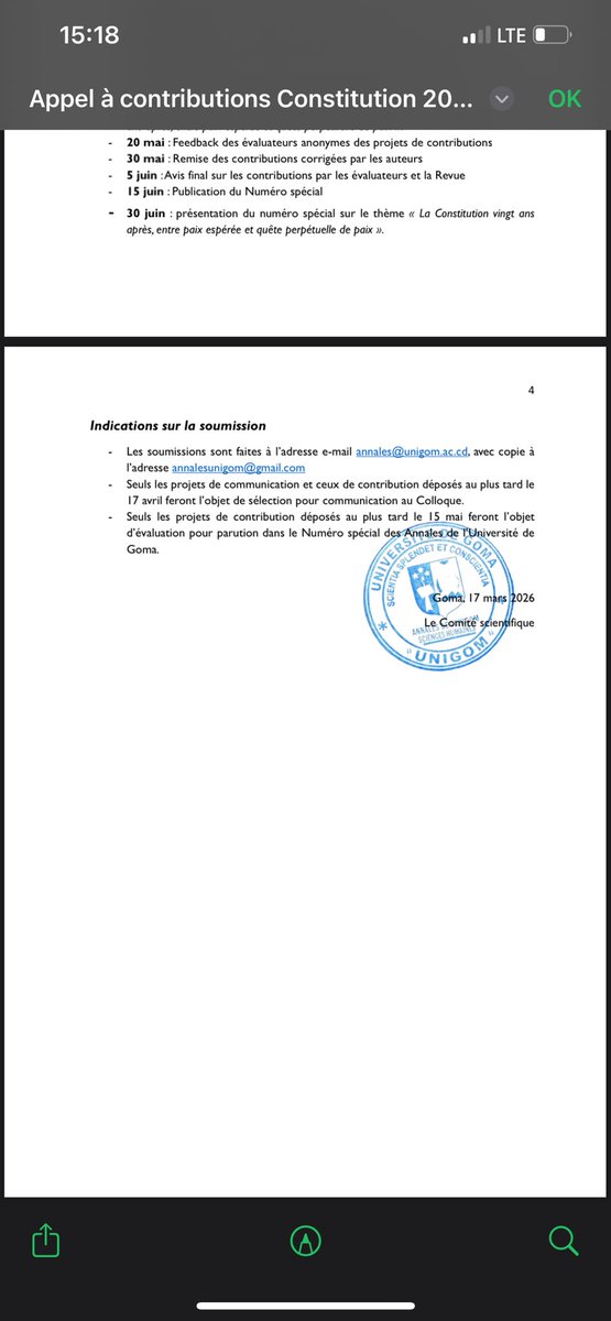 Unigom_RDC's tweet image. 📢 #APPEL à CONTRIBUTION -Revue Annales de l’@Unigom_RDC 

Thème : « La Constitution vingt ans après, entre paix espérée et quête perpétuelle de paix »

Colloque scientifique + numéro spécial

📍Détails ici👉🏽  unigom.ac.cd/fr/blog-detail…

#UNIGOM #Recherche #RDC #Constitution #Paix