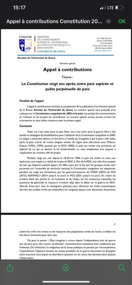 Unigom_RDC's tweet image. 📢 #APPEL à CONTRIBUTION -Revue Annales de l’@Unigom_RDC 

Thème : « La Constitution vingt ans après, entre paix espérée et quête perpétuelle de paix »

Colloque scientifique + numéro spécial

📍Détails ici👉🏽  unigom.ac.cd/fr/blog-detail…

#UNIGOM #Recherche #RDC #Constitution #Paix