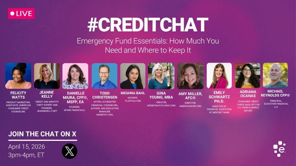 MoneyFitbyDRS's tweet image. I hope you'll join me and other panelists for #Experian's #CreditChat in 30 minutes at 3:00 pm ET/1:00 pm MT. Topic: Emergency Funds. It's about much more than "just save." Tips, tricks, and hopefully a few chuckles. Plus, share you own successes!
