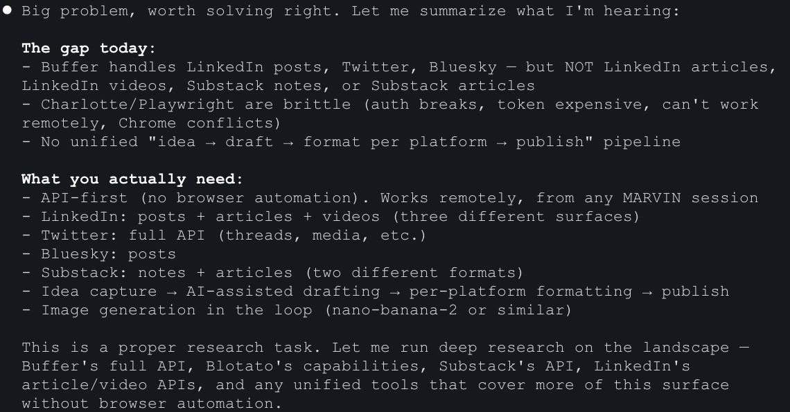 SilverJaw82's tweet photo. Google is dead... at least it is for me.
Told MARVIN I needed a content pipeline. He mapped every API, found the gaps, kicked off deep research. No browser. No Google.
Your next user won't have a browser. Is your API ready?
#AgentExperience #AX https://t.co/2lUO4RpG2U