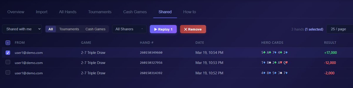 MixedGamesLab's tweet photo. The recipient of shared hands will find them in the Replayer's section Shared with me, can select and replay the hands inside the replayer