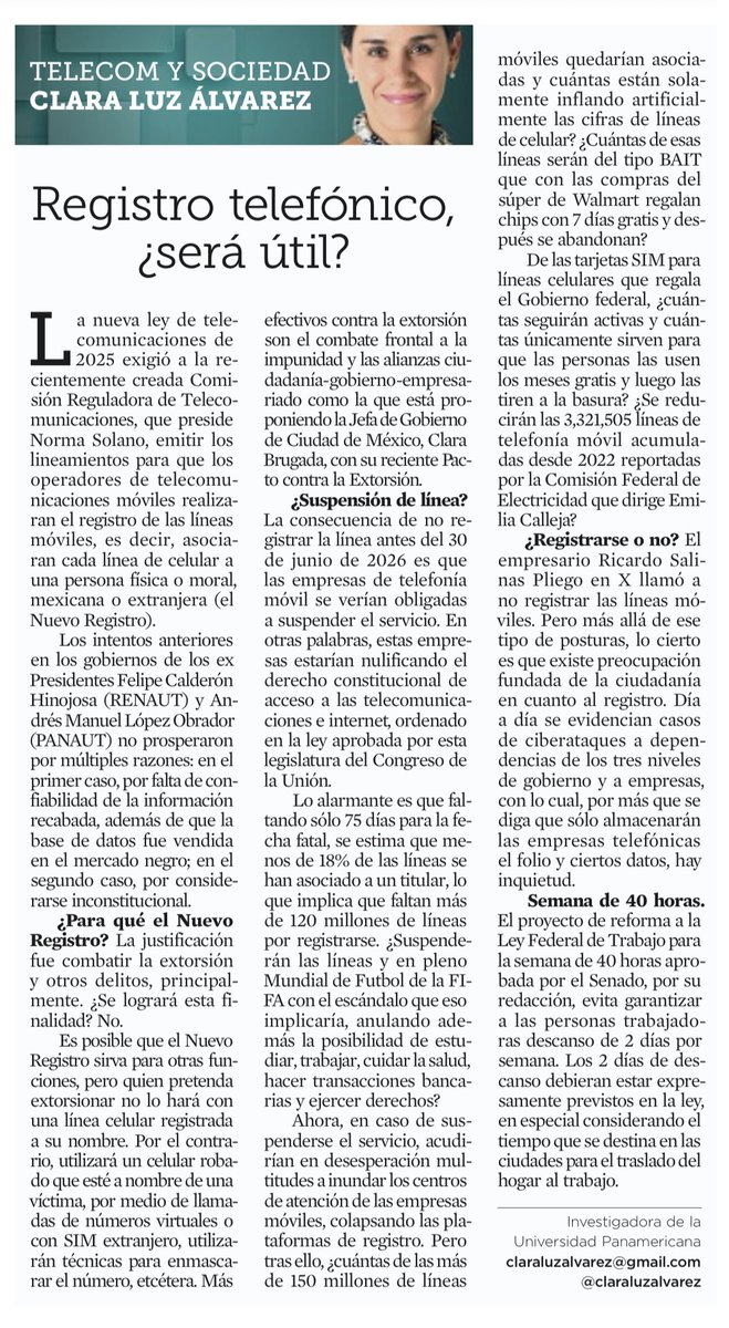 claraluzalvarez's tweet photo. ¿Registrar líneas celulares reducirá la extorsión? No.

Quien delinque no usa su propio número: usa celulares robados, SIM extranjeras o números virtuales.

En cambio, el “Nuevo Registro” abre riesgos para la privacidad y el acceso a telecomunicaciones.

Mi columna en @Reforma 👇 https://t.co/4728LjKQyU