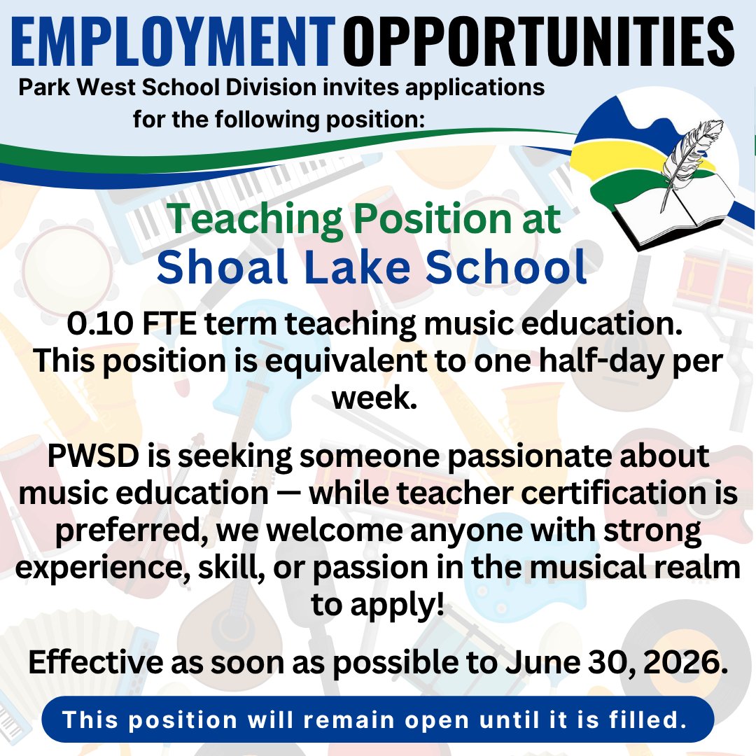 📷 Calling all music lovers
Shoal Lake School is seeking someone to support music education in a part time teaching role. If you have experience, skills, or a passion for music, this is a great opportunity to make an impact with students.

📷 pwsd.ca/currentopportu…