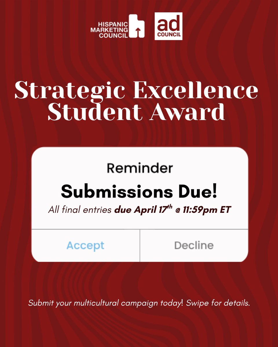 hmchispanic's tweet photo. Submissions for the Strategic Excellence Student Award are due THIS FRIDAY!

Learn more and view the submission portal here:
https://t.co/p1lUPwhOi7 https://t.co/9yhJhbLMHI