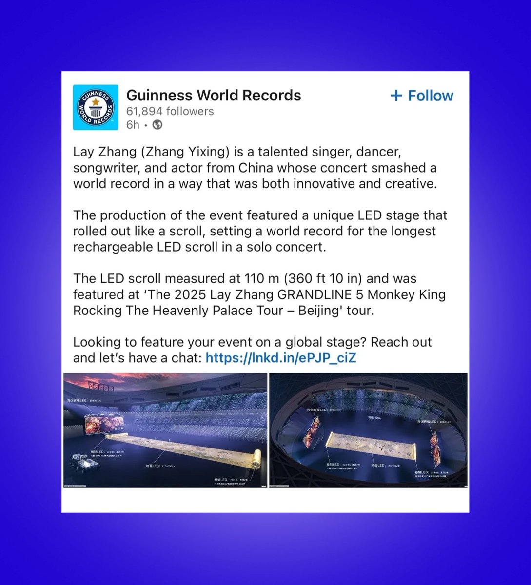 EXOBreakingNews's tweet photo. Congratulations #LAY (@layzhang) makes history as the soloist concert with The Longest retractable LED scroll used in a solo concert is 110 m (360 ft 10 in) at Bird’s Nest Stadium in Beijing achieved by Guinness World Record (@GWR) 👑👑👏🏻 

CTTO. Pls repost &amp; spread. #EXO https://t.co/OSEPo06YNf