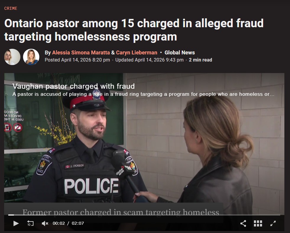 ODSPoor's tweet image. "A longtime pastor from #Vaughan, Ont., is among 15 people charged in connection with an alleged fraud ring that police say targeted a program for people experiencing or at risk of #homelessness.

York Regional Police say the investigation, dubbed Project Great One, was led by