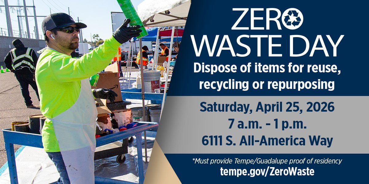 Tempegov's tweet photo. Clean house for Zero Waste Day on April 25 

Clean house responsibly with a free, drive-thru recycling event. Tempe’s next Zero Waste Day is Saturday, April 25 from 7 a.m. to 1 p.m. at Kiwanis Park, 6111 S. All-America Way. 

Styrofoam chunks, electronics, appliances, household hazardous waste, paper for shredding and pet food/supplies are among the many items accepted at this event. All accepted items are recycled, repurposed or donated for reuse. This event is free to Tempe and Guadalupe residents.  

See a full list of accepted items and other event details at https://t.co/BG0gS3d2Si.