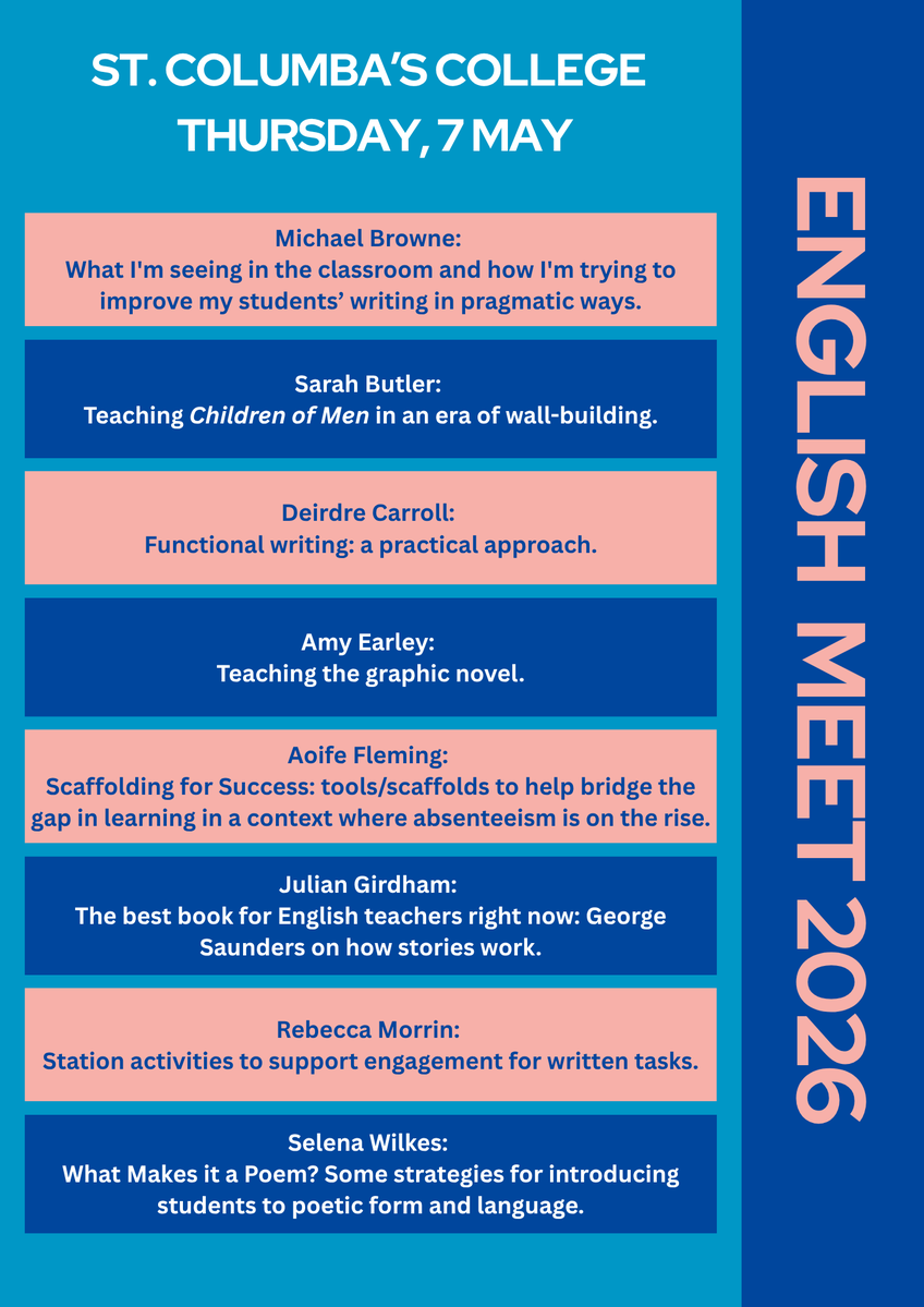 sccenglish's tweet image. English Meet on Thursday 7th May at St Columba's College, Dublin 16, 7.00-9.00pm.

Last few tickets left (free).  #edchatie

eventbrite.ie/e/english-meet…