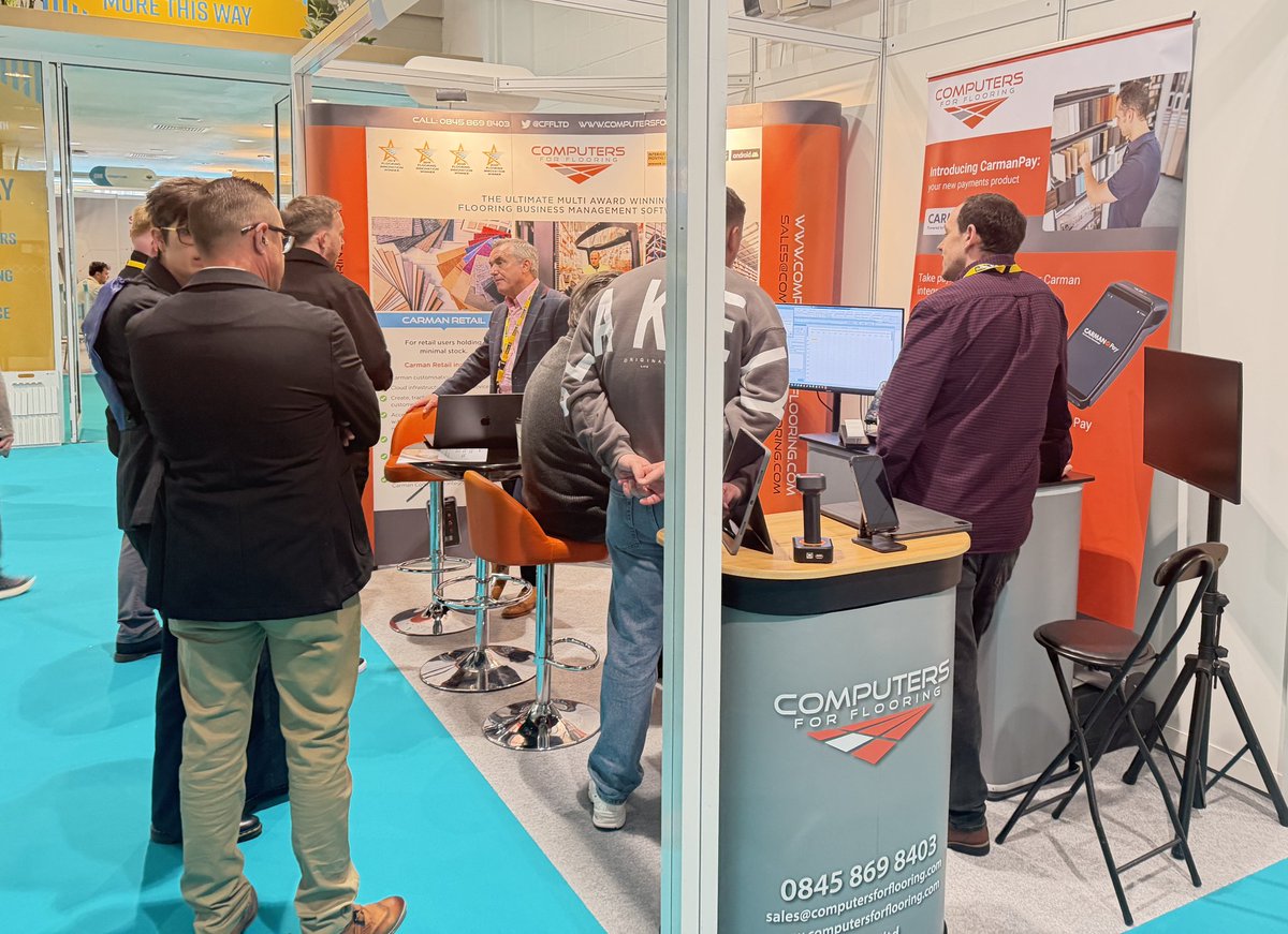 CFFltd's tweet photo. Super busy on the stand today at The Flooring Show South, great to put a face to some of our southern customers that have been with us over a decade ! If you haven't managed to speak to us yet pop along to stand D85 for a live demo of our ClearAccept powered CarmanPay integrated terminals.