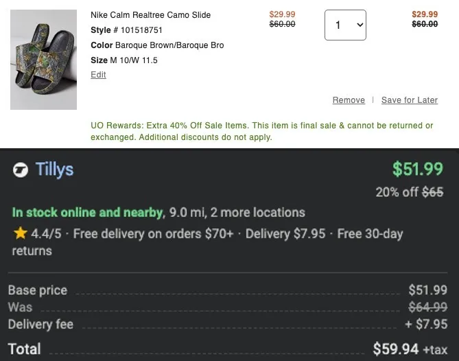 Pricerrors's tweet image. 50% NIKE CALM REALTREE CAMO SLIDES @ URBAN OUTFITTERS 

$29.99 at checkout (Orig. $60) 

Must sign up for a free UO Rewards account  

Tillys has the same pair for $51.99

go.pricingerrors.com/n92nw1 #ad