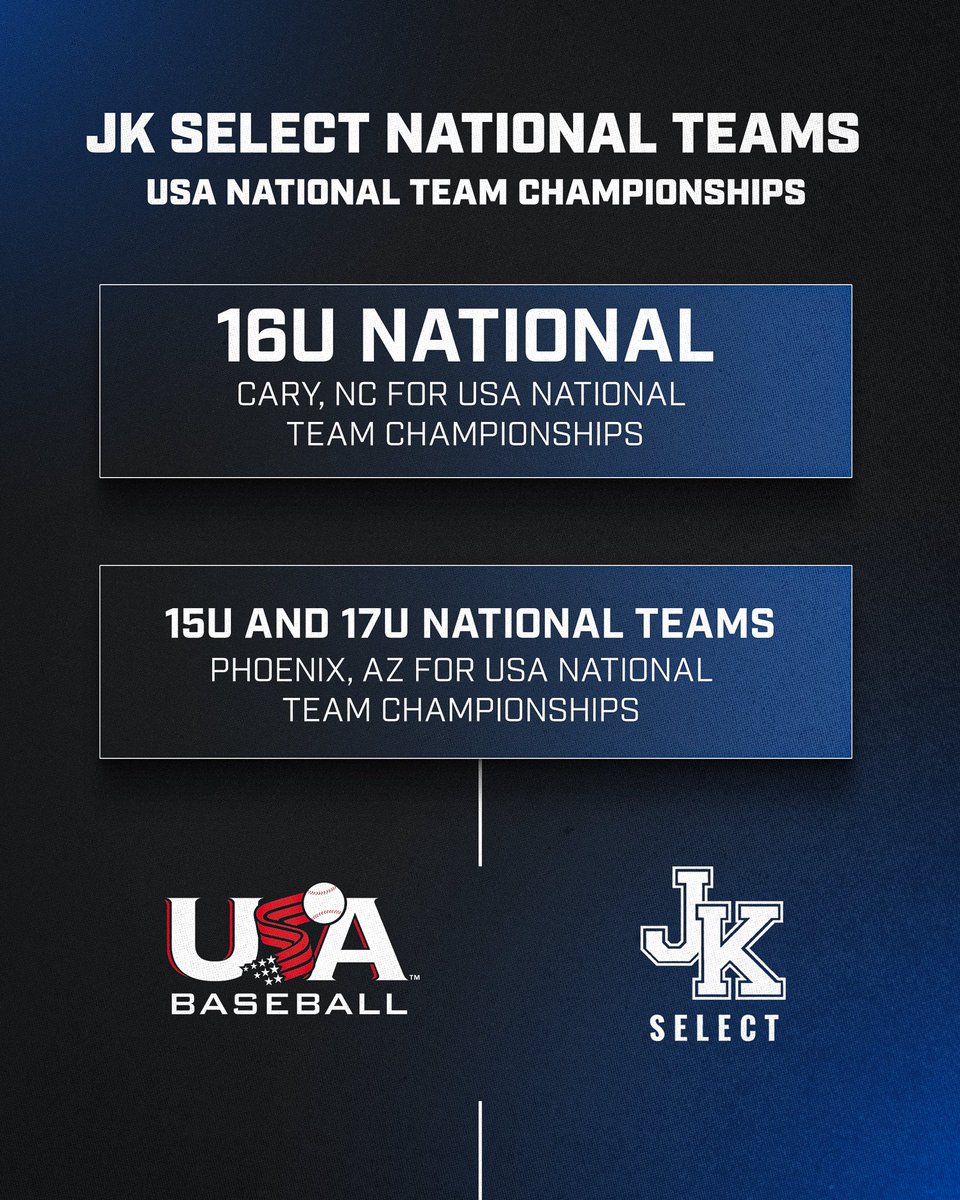 JKselectBSB's tweet photo. Excited to have JK Select National teams attend USA National Team Championships in Cary, NC and Phoenix, AZ! 🇺🇸 @USABaseball @USABChamps_NC @USABChamps_AZ 

16U National ➡️ Cary, NC 
15U and 17U National ➡️ Phoenix, AZ

#JKselect | #ForGlory https://t.co/rWltWXO4jE