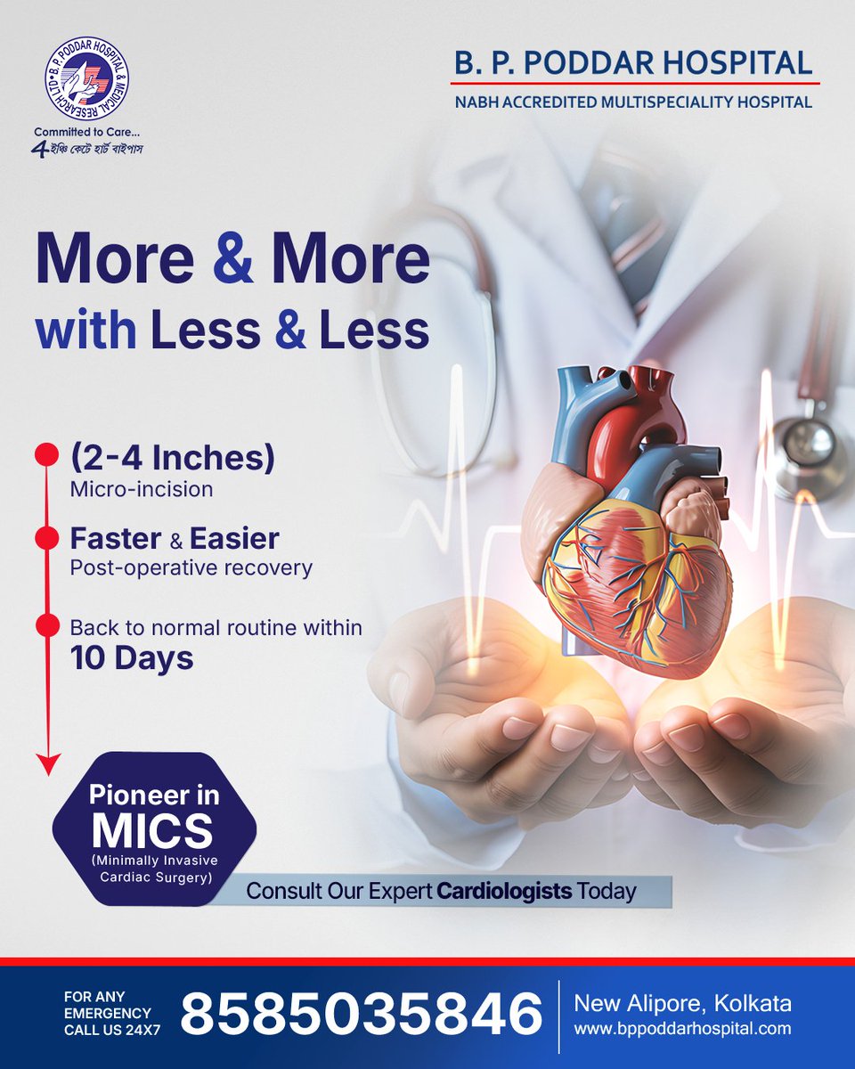 BPP_Hospital's tweet image. At B.P. Poddar Hospital, we understand that your life can’t wait. With our Minimally Invasive Cardiac Surgery (MICS), we’ve replaced large scars with small 2-inch micro-incisions, allowing you to heal faster and get back to what you love.
#BPPoddarHospital #MICS #ExpertCare