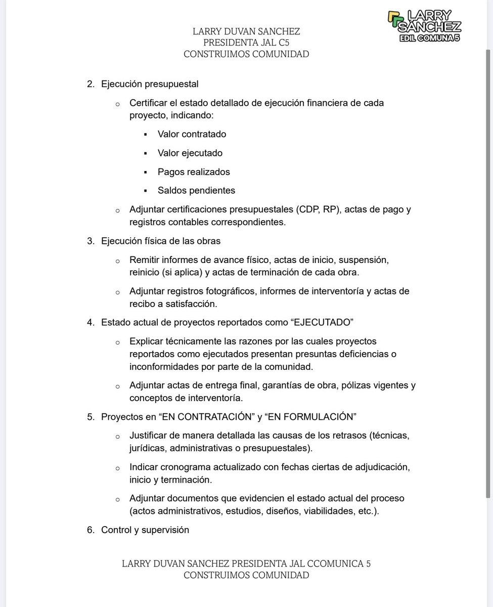 Larrysanchezg's tweet photo. Como Junta Administradora Local, hemos decidido citar a control político a la Secretaría de Infraestructura de Bucaramanga, con el fin de que rinda cuentas claras sobre la ejecución de los presupuestos participativos, en relación con las obras priorizadas por nuestros barrios: malla vial, remodelación de andenes, mejoramientos de infraestructura, entre otros.

📅 Fecha: Martes 21 de abril
⏰ Hora: 3:00 p.m.
📍 Lugar: Ágora de La Joya

Invitamos a toda la comunidad a participar activamente en este espacio. La Secretaría deberá responder un cuestionario y presentar los informes detallados sobre la ejecución de estos recursos.

Es nuestro deber como ciudadanos velar porque los presupuestos participativos se inviertan de manera adecuada y se ejecuten conforme a lo acordado en nuestra comuna.