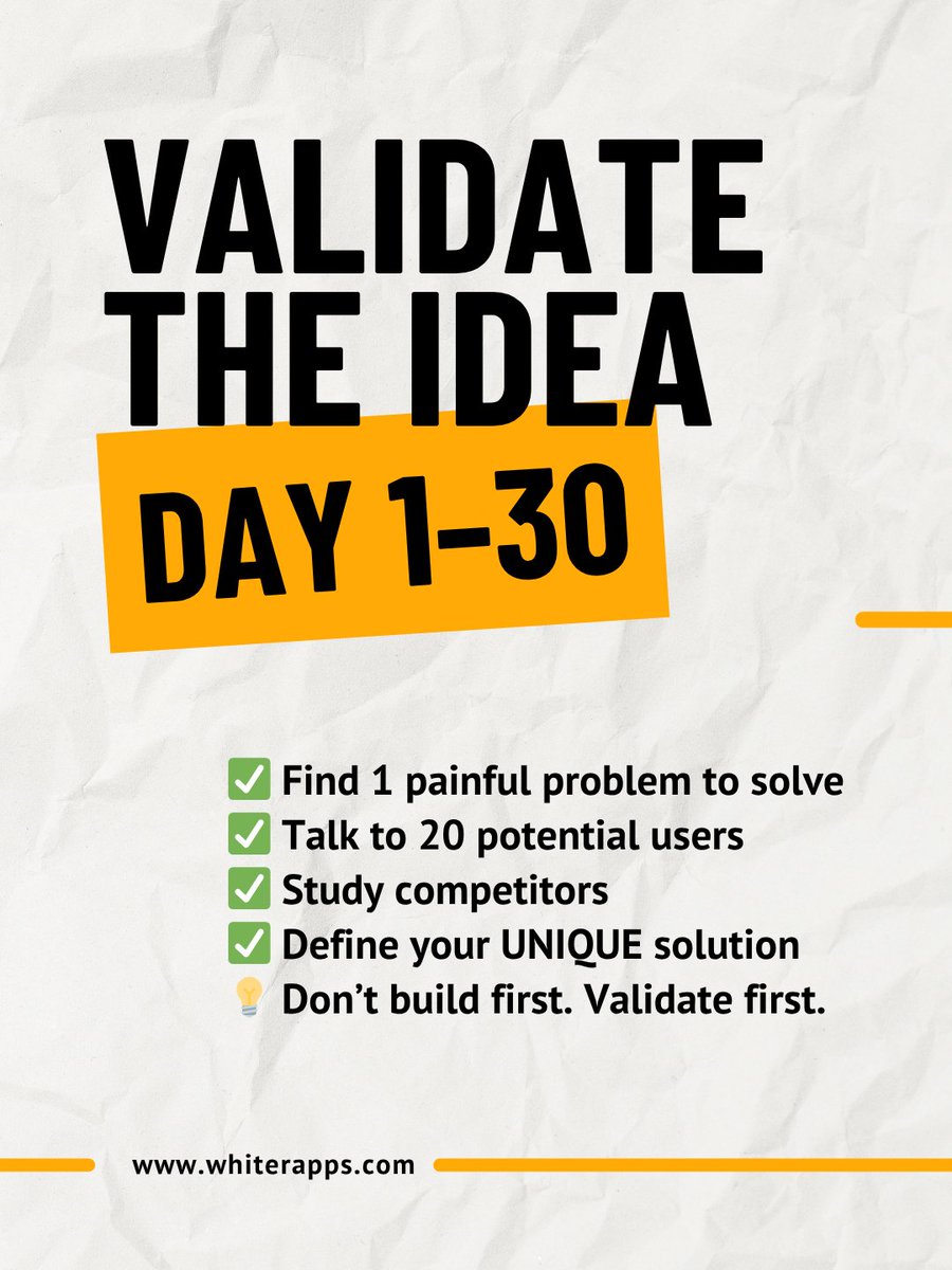 whiterapps's tweet photo. Smart founders validate first, build fast, and launch in 90 days. 🚀
Your MVP doesn’t need to be perfect.
It needs to solve ONE real problem for ONE target audience. 🎯
#startup #mvp #entrepreneur #saas #businessgrowth #founder #buildinpublic #marketingstrategy #smallbusiness https://t.co/V3lYEm2XiD