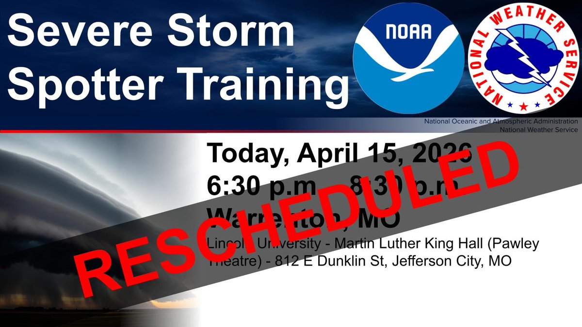 NWSStLouis's tweet image. Due to the threat of thunderstorms, this evening's Storm Spotter Training in Jefferson City has been rescheduled. We hope to have details on the new date released soon! #mowx #midmowx