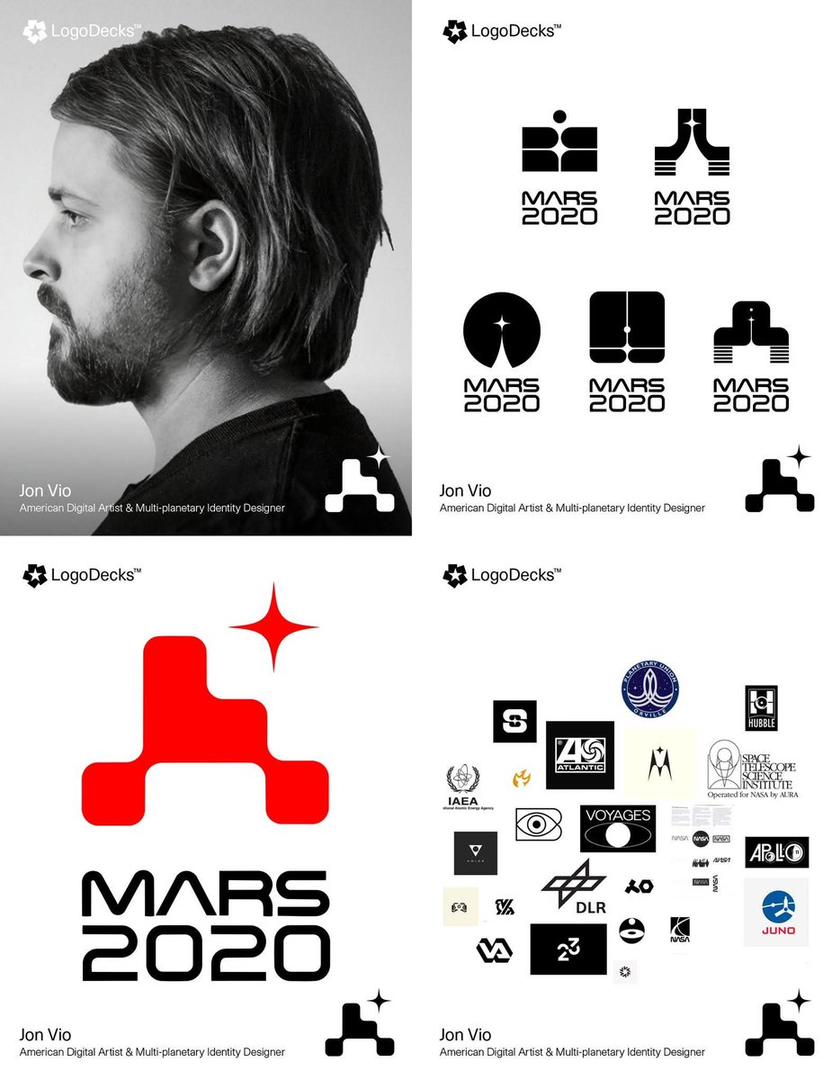 LogoDecks's tweet photo. From Earth to the Red Planet: Jon Vio’s Iconic Logo for NASA’s Mars 2020 Mission.

Jon Vio, a multi-planetary designer and 3D visual artist, created the iconic logo for NASA’s Mars 2020 mission while working with House of van Schneider. The minimalist design features a sleek custom wordmark inspired by the classic NASA “worm” logo, paired with a dynamic symbol that cleverly condenses the Perseverance rover, distant Earth, and the red planet into a single, energetic mark. Clean lines and abstract forms capture the thrill of space exploration, evoking legacy, engineering excellence, and humanity’s drive to reach new worlds. Versatile enough to appear on rockets, mission patches, and digital assets, Vio’s logo became a bold emblem of perseverance that traveled aboard the Atlas V rocket and now adorns the rover exploring Mars.

#logodecks @jondotvio