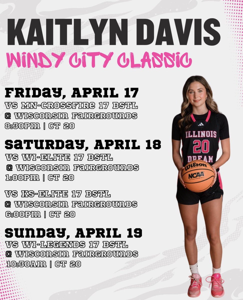 kaitlyndavis24's tweet photo. So excited for my tournament in Milwaukee this weekend! Here’s my schedule! @illinoisdreambb https://t.co/w1PVFnR2kA