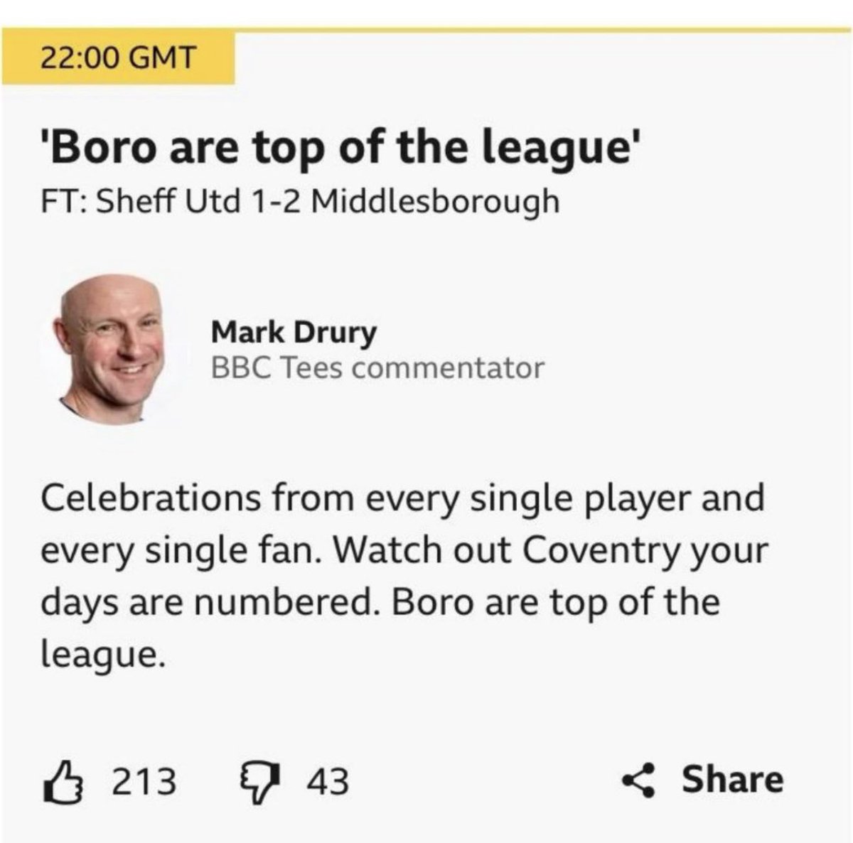 SkyBlueFansTV1's tweet photo. Cheers Mark 👍

Cov - 1st - 85 points (almost P)
Boro - 5th - 72 points

#CCFC #SBFTV #PUSB #SBA #Boro #Middlesbrough #BBC #BBCTees https://t.co/X0RrdDD4QQ