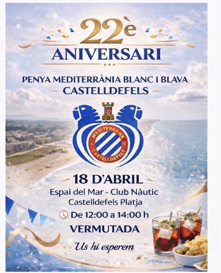 fcp_espanyol's tweet photo. 🔵⚪ La Penya Mediterrània Blanc i Blava de Castelldefels torna després de diversos anys sense activitat i celebra el seu 22è aniversari!

📅 18 d’abril 🍸 Vermutada – Espai del Mar

Des de la FCPE celebrem el retorn d’una penya històrica 💙
#FCPE #RCDE #Castelldefels https://t.co/mQpf9gXC8K