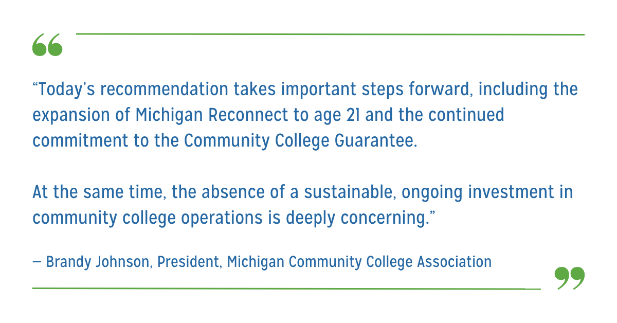 MIColleges's tweet photo. Today’s Senate subcommittee budget rec takes important steps forward—but more work remains.

“The absence of a sustainable, ongoing investment in community college operations is deeply concerning.”

#MIColleges serve nearly 300,000 students each year. https://t.co/VzQ0AEd5xW