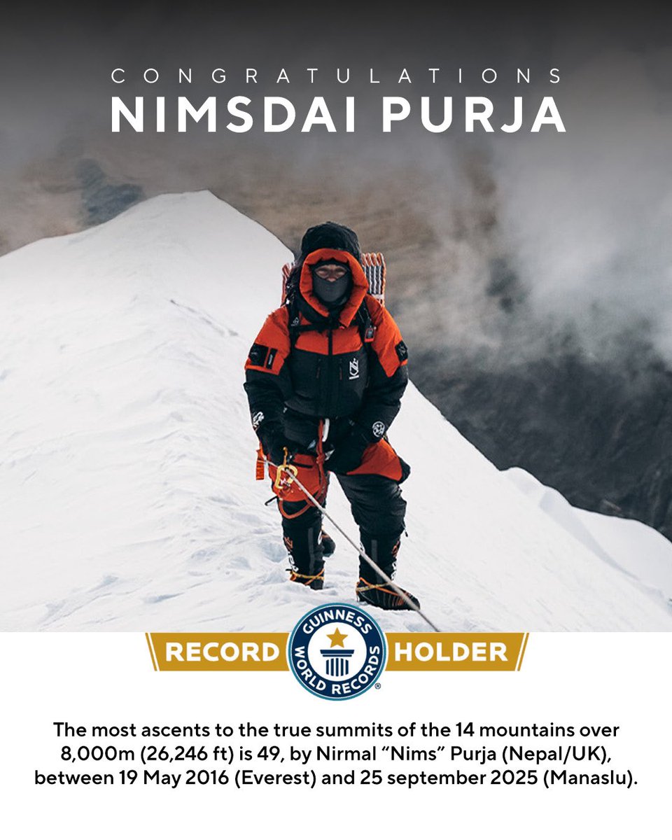 nimsdaistore's tweet photo. THE MOUNTAIN DIDN’T MOVE. OUR KNOWLEDGE DID.

Massive congratulations to our Founder, Nimsdai Purja, on this historic milestone - 49 true summits above 8000m and now an official Guinness World Record holder.

This is not just a number.
It’s a legacy built in the harshest environments on Earth.

The mountains haven’t changed.
The risks haven’t changed.

What has changed… is the level at which they are understood, approached, and conquered.

Nims continues to lead from the front, redefining what is possible in high-altitude mountaineering.

And through every step of that journey, Nimsdai Store was forged in those same conditions- tested, trusted, and proven where it truly matters.

Not in comfort.
But in the extremes.

This is more than a record.
It’s a statement of evolution.

💥 Relentless pursuit
💥 Constant evolution
💥 Always pushing higher

#AlwaysALittleHigher #nimsdai #nimsdaistore #definedbytheelements