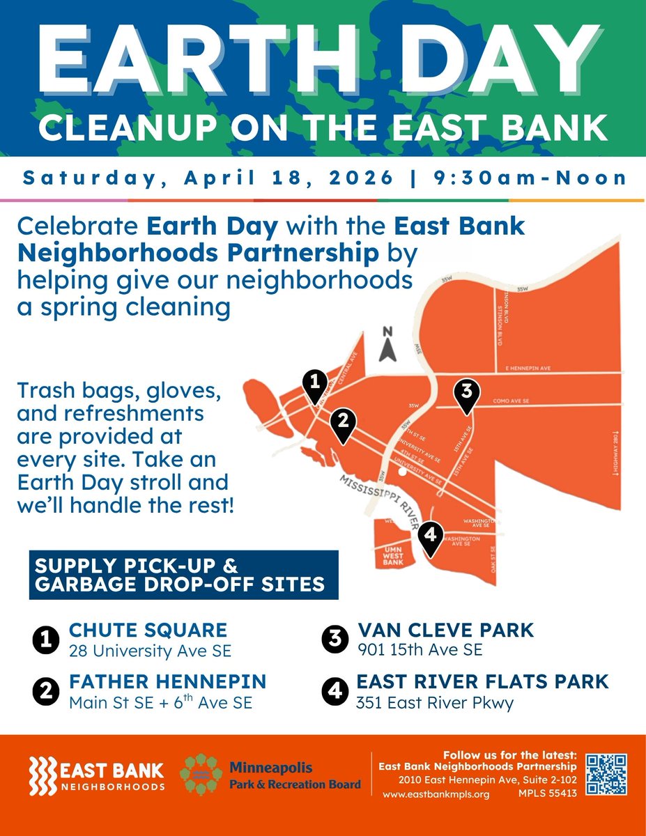 EastBankMpls's tweet photo. Earth Day 2026 Clean Up this Sat, Apr 18th. East Bank is coordinating multiple sites.

We are also kicking off our Father Hennepin Bluff Park stewardship this Saturday, and hoping you can join us on our Bike Tour on Saturday, May 2nd.

If you want a free helmet, we got that too: https://t.co/D7Brz7SSsu
