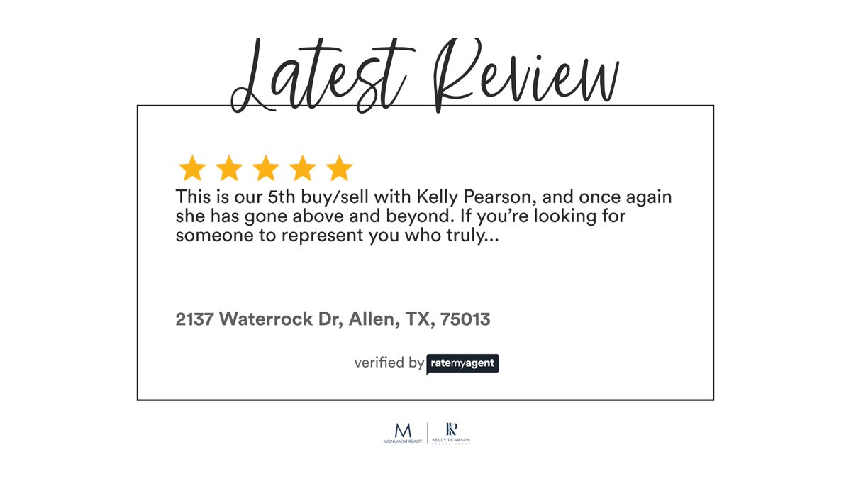 KellyJPearsonTX's tweet photo. My latest RateMyAgent review in Allen.
Texas 0609012
https://t.co/QtmNWQONM5

...
#ratemyagent #realestate #Monument_Realty https://t.co/V15lFUOHLt