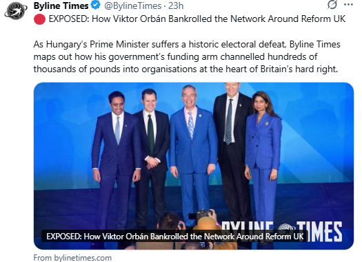 hol40900's tweet photo. Orbán bankrolled Reform’s network: £512k to a charity &amp; £57m in oil dividends. Now Orbán is out. Reform still won’t explain its ties. #ReformExposed https://t.co/a2DoYLvOvh