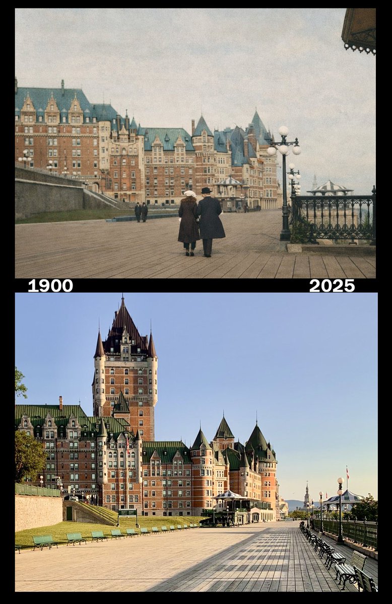 ✨ Le jeu des différences, version monumentale ! ✨

Plus de 125 ans séparent ces deux promenades sur la mythique Terrasse Dufferin. 🕰️🚶‍♂️ En bas, le majestueux Château Frontenac tel qu'on le connaît en 2025. En haut, un véritable saut dans le temps au tout début des années