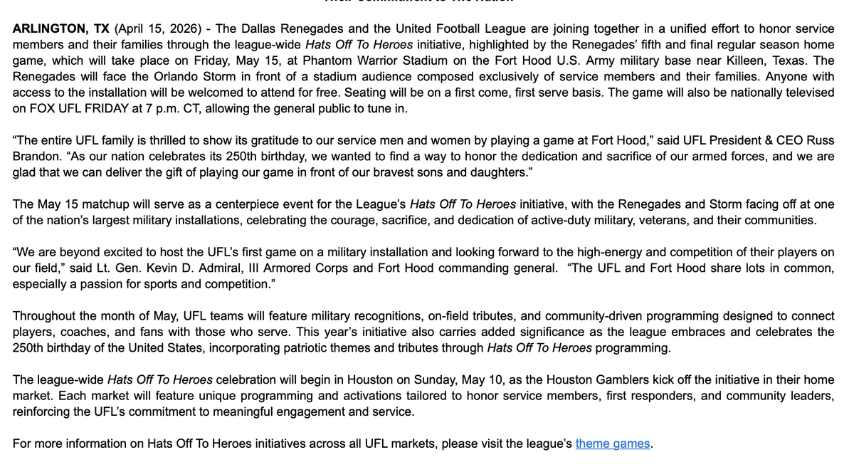 SeifertESPN's tweet photo. .@TheUFL is moving the @UFLRenegades' final home game (May 15) to Phantom Warrior Stadium on the Fort Hood U.S. Army military base. Crowd will be service members and their families. https://t.co/Z0LY6e3FA6