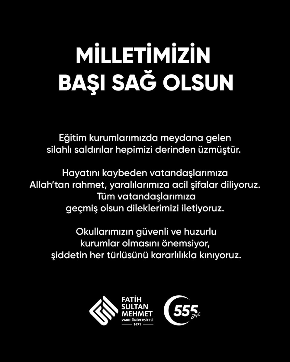 fsmvu's tweet photo. Eğitim kurumlarımızda meydana gelen silahlı saldırılar hepimizi derinden üzmüştür.    

Hayatını kaybeden vatandaşlarımıza Allah’tan rahmet, yaralılarımıza acil şifalar diliyoruz. 
Tüm vatandaşlarımıza geçmiş olsun dileklerimizi iletiyoruz.

Okullarımızın güvenli ve huzurlu kurumlar olmasını önemsiyor, şiddetin her türlüsünü kararlılıkla kınıyoruz.