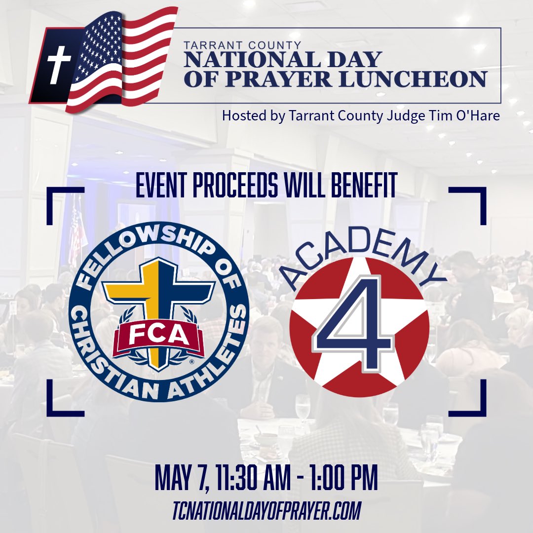 You can get your tickets now for the  the 3rd Annual Tarrant County National Day of Prayer Luncheon. Purchase tickets at the link below. ⬇️

Last year was a powerful time—you don’t want to miss this year. 

🗓️ May 7th, 11:30 am - 1:00 pm, Hurst Conference Center. 
🙏🏻 Seek the