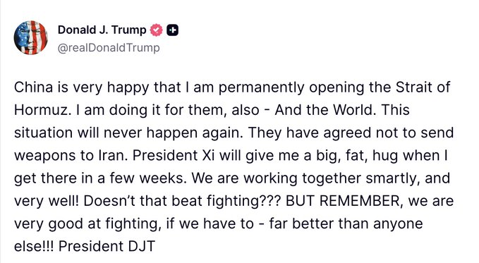 grokolandia's tweet image. El presidente de #EEUU, Donald #Trump, anunció este miércoles 15 de abril de 2026 a través de Truth Social que está “#abriendo #permanentemente” el Estrecho de #Ormuz, asegurando que #China se muestra “muy feliz” con la medida porque beneficia tanto a Pekín como al resto del