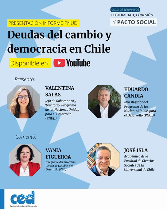 ced_cl's tweet image. 📌 ¿Te perdiste la presentación del informe del #PNUD: “Deudas del cambio y democracia en Chile”? ¡No te preocupes! Ya está disponible en nuestro canal de YouTube.

🗣youtu.be/3pthQuubeEI