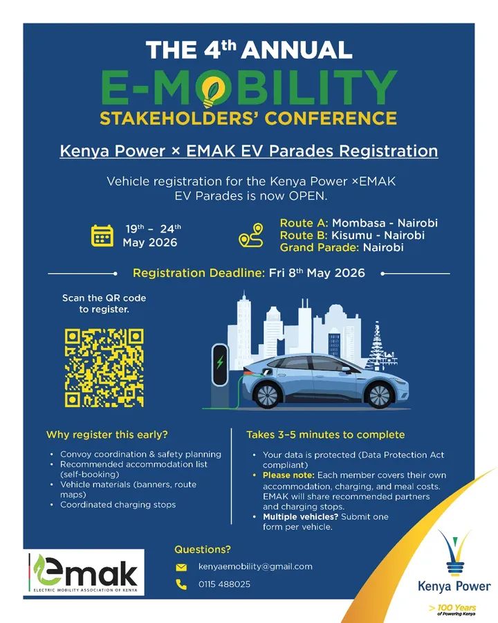 eMobiSphere's tweet photo. Registration For Kenya Power × EMAK Ev Parades Is Now Open . Join The Convoy From Mombasa And Kisumu To The Grand Finale In Nairobi. Early Registration Ensures Smooth Coordination And A Well-Organized Experience. Deadline: 8 May 2026. Plug In. Power Up. Show Up. https://t.co/nqgeEaf0Sy